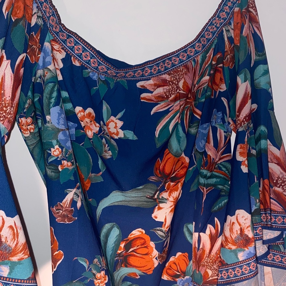 Flying Tomato Floral Off-Shoulder Blouse - Blue and Orange
